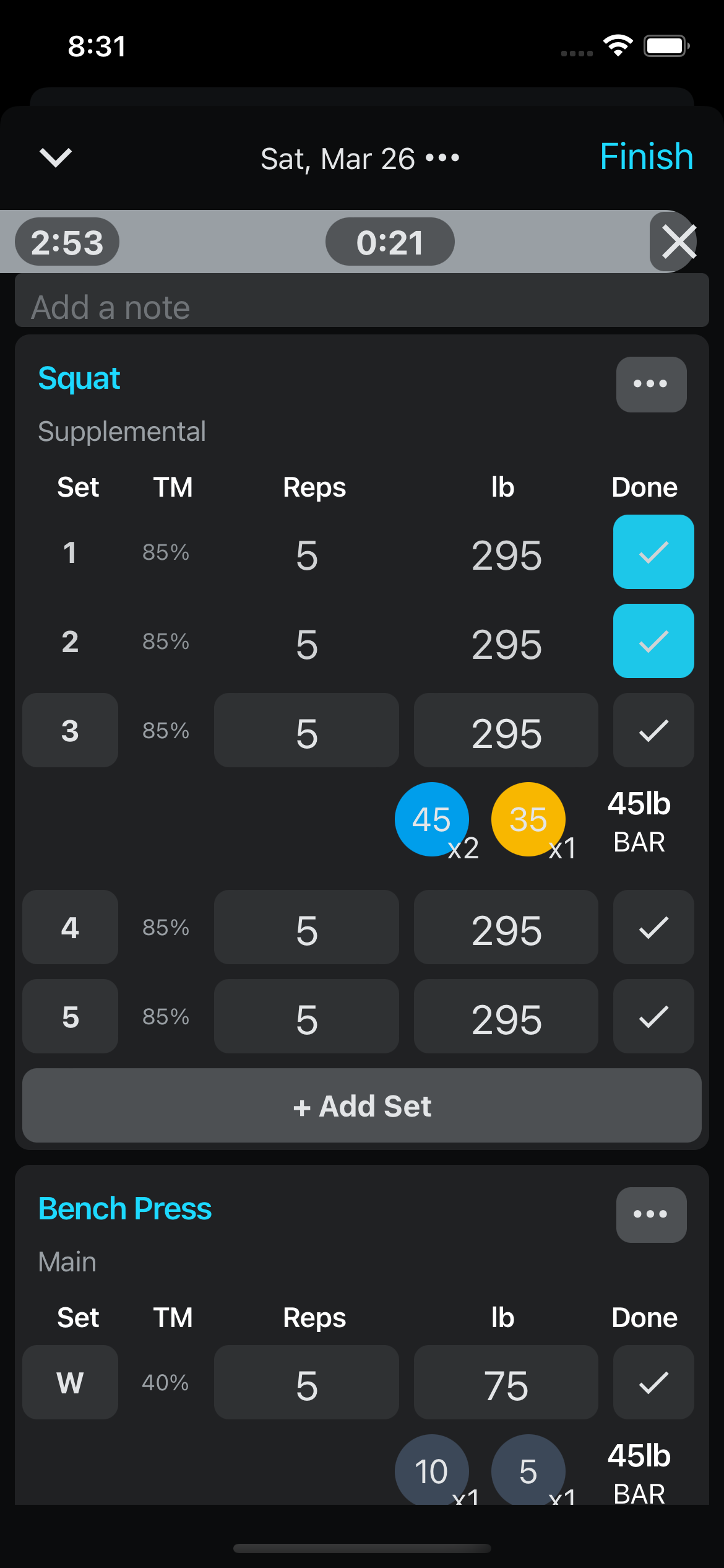 A percentage-based workout in progress in the KeyLifts app